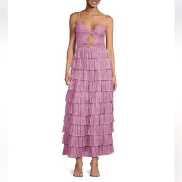 Gianni Bini Elegant Mauve Pink Purple Metallic Tiered Maxi Dress - Picture 6 of 11